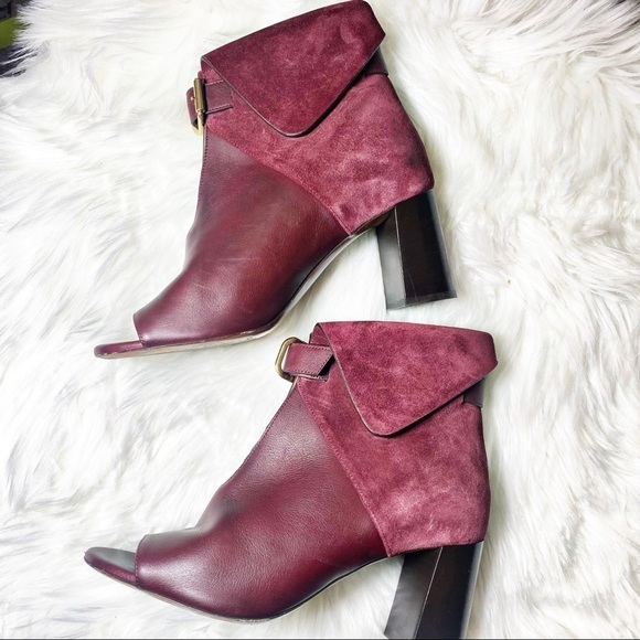 CHLOÉ Burgundy Red Suede Foldover Chunky Heel Booties, Size 38 - Picture 6 of 14